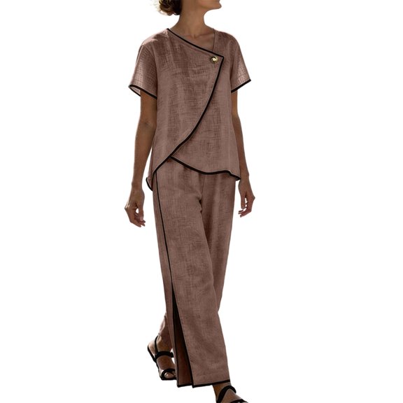 Two Piece Pant Set For Women Button Slit Hem Business Casual Daywear Summer Casual Pull On Travel Wear Relaxed Fit Straight Leg Wide Leg High Rise