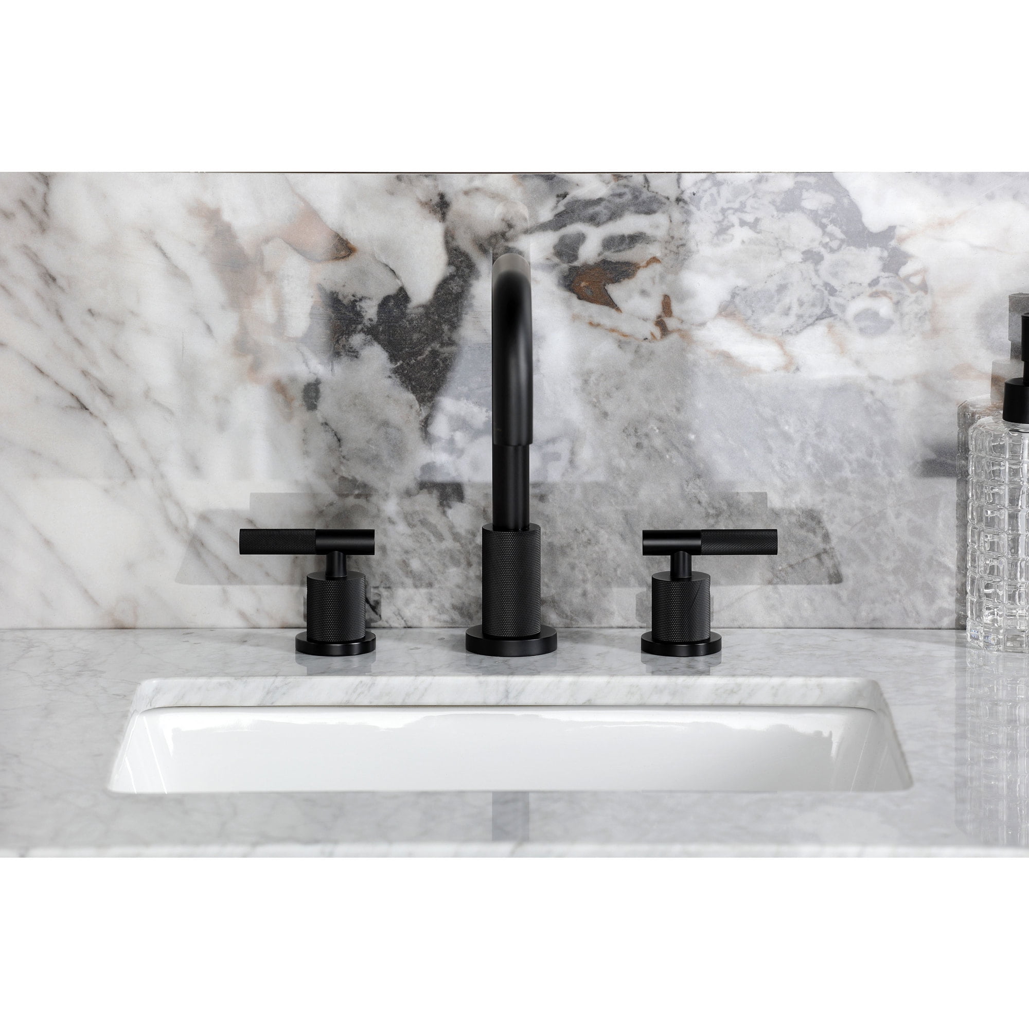 Kingston Brass FSC8930KNL Convergent Two-Handle 3-Hole Deck Mount Widespread Bathroom Faucet with Knurled Handle and Brass Pop-Up in Matte Black