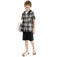 thumbnail image 7 of Fdqin Boys Shorts Sets 2Pcs Plaid Short Sleeve Hooded Button Shirt and Jogger Shorts Summer Outfits for Kids Black 5-6 Years, 7 of 7