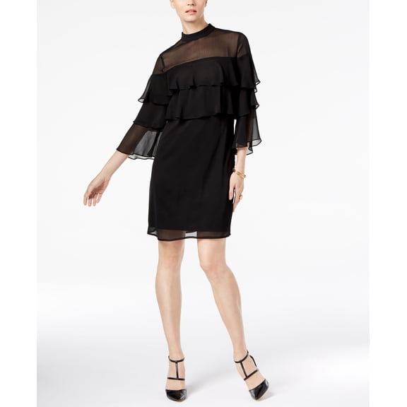 NY Collection Blk 3/4Ruf Sl Tier Shift X-Large Womens XL Black dress MSRP $47