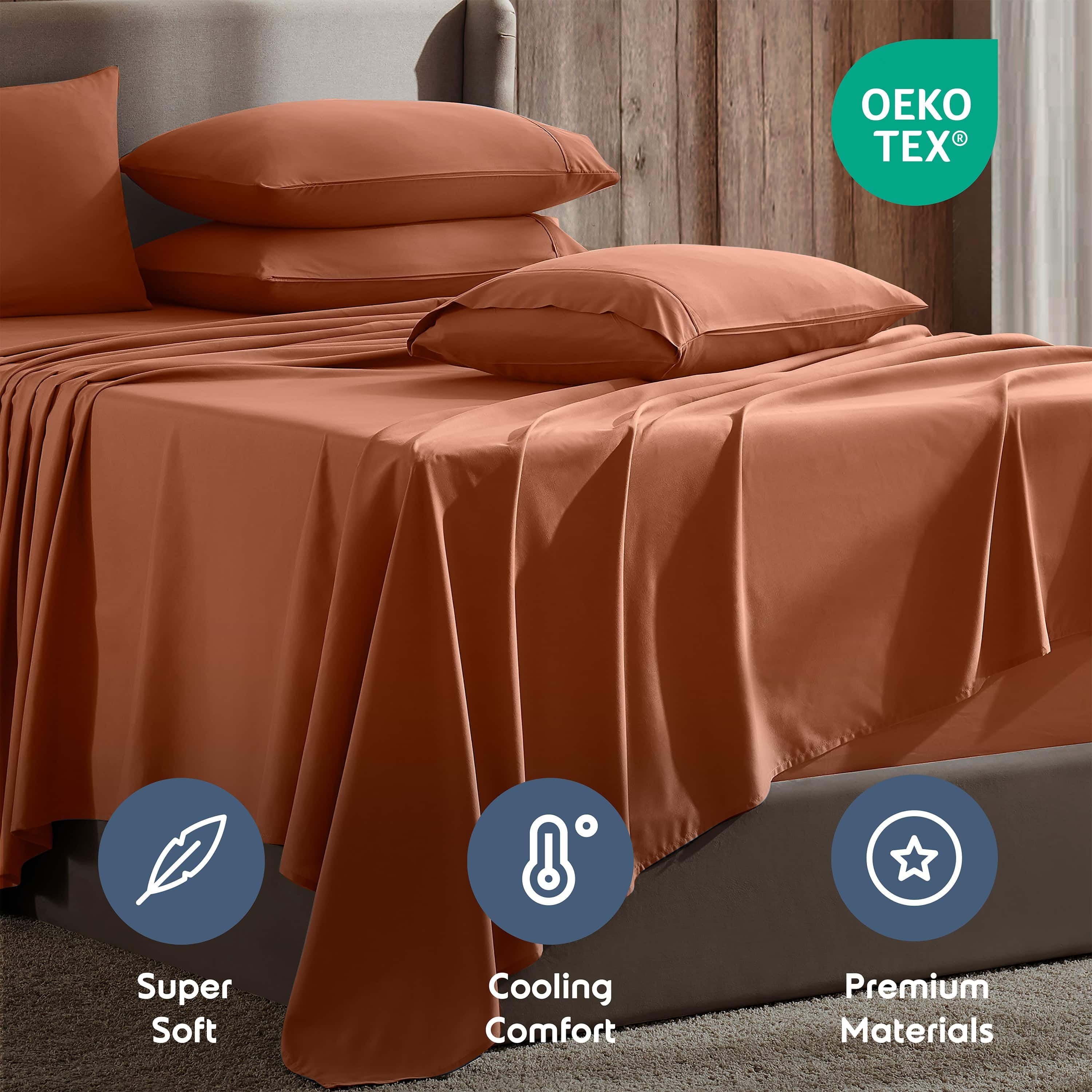 LammaLoe Extra Deep Pocket King Sheets set, Fits 18"-24" Mattress, 6 Piece Soft Microfiber Bed Sheet Sets, Rust Orange Brown