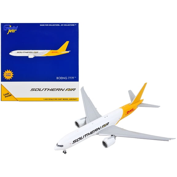 Boeing 777F Commercial Aircraft with Flaps Down "Southern Air - DHL" White and Yellow 1/400 Diecast Model Airplane by GeminiJets