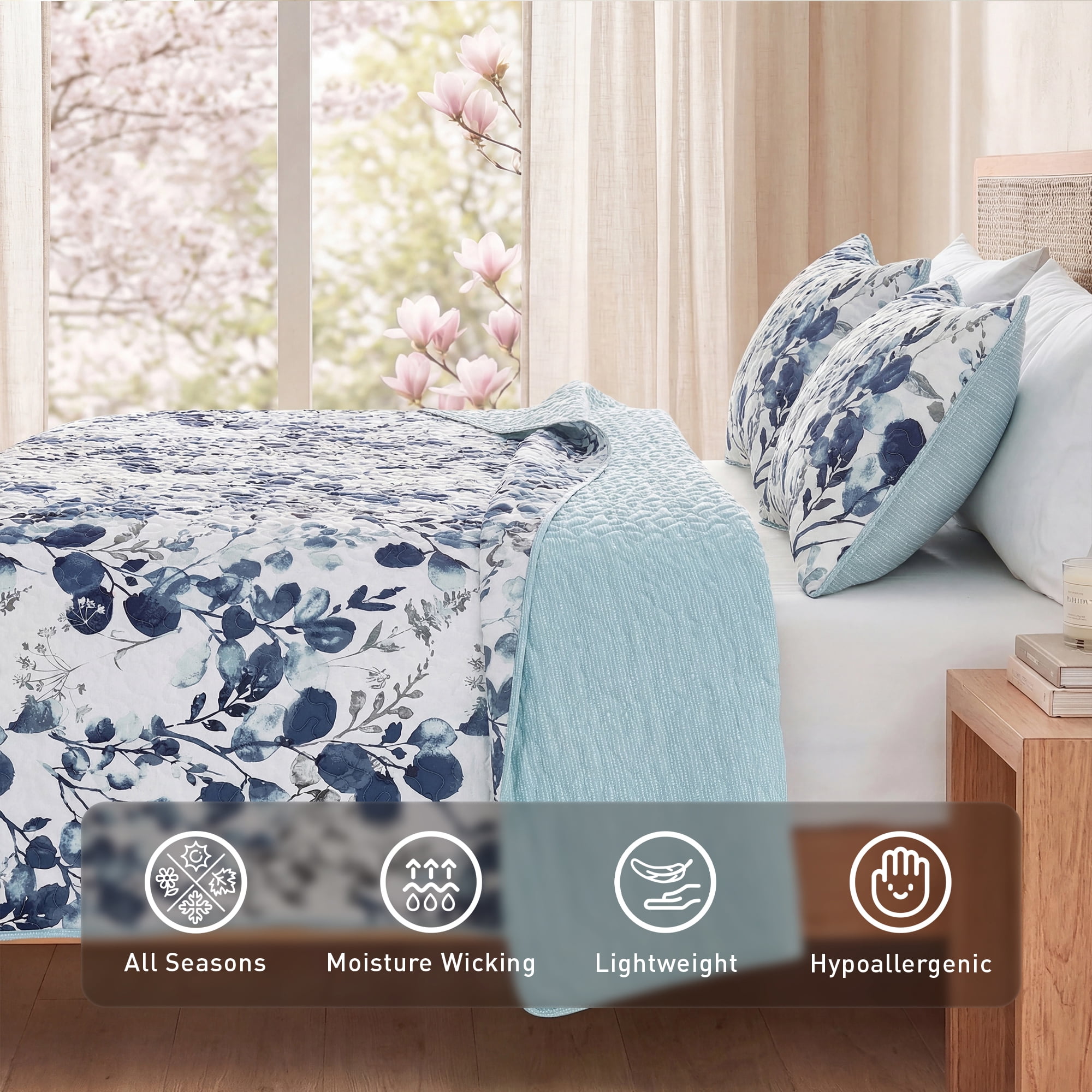 Regency Heights Twin Botanical Quilt Set for Dorm, 2-Piece Reversible Floral Summer Quilt Coverlet Bedding Set, Blue Quilted Bedspread with Sham for All Season