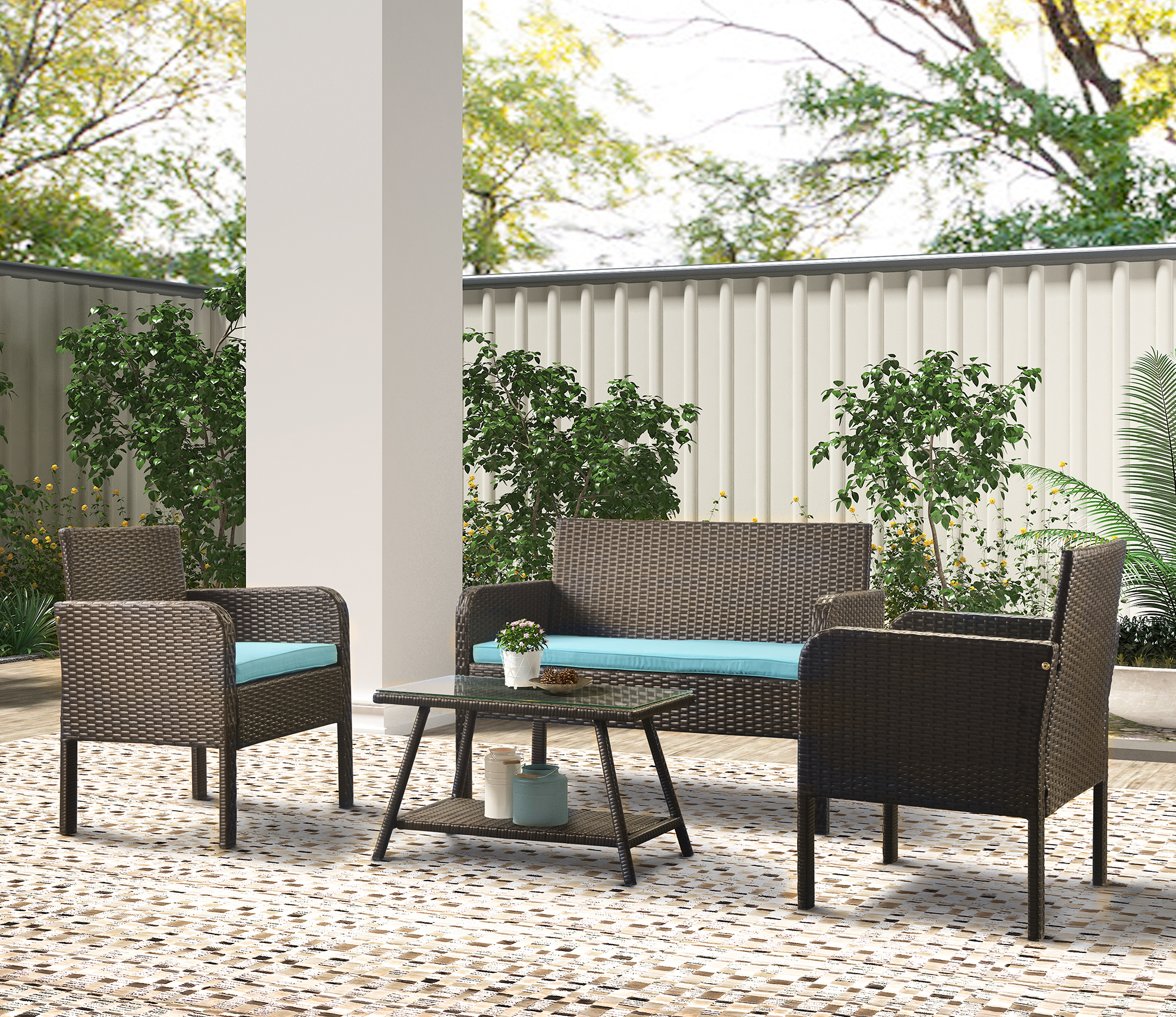 4 Piece Outdoor Patio Furniture Set, PE Rattan Wicker Sofa Set, Outdoor Sectional Furniture Chair Set with Cushions and Tea Table, Wicker Conversation Set for Backyard Lawn Porch Garden Poolside, B298 - image 1 of 7