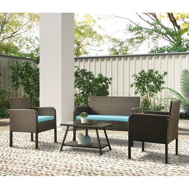 4 Piece Outdoor Patio Furniture Set, PE Rattan Wicker Sofa Set, Outdoor Sectional Furniture Chair Set with Cushions and Tea Table, Wicker Conversation Set for Backyard Lawn Porch Garden Poolside, B298