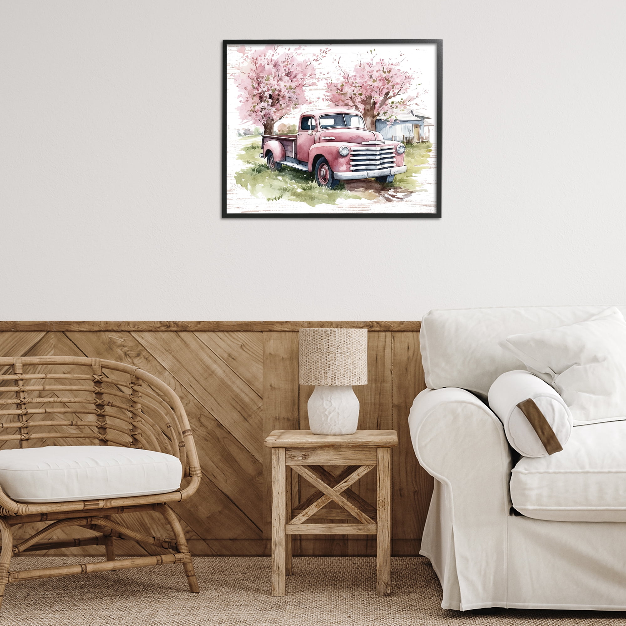 Stupell Industries Cherry Blossoms & Pickup Transportation Painting Black Framed Art Print Wall Art, 30 x 24