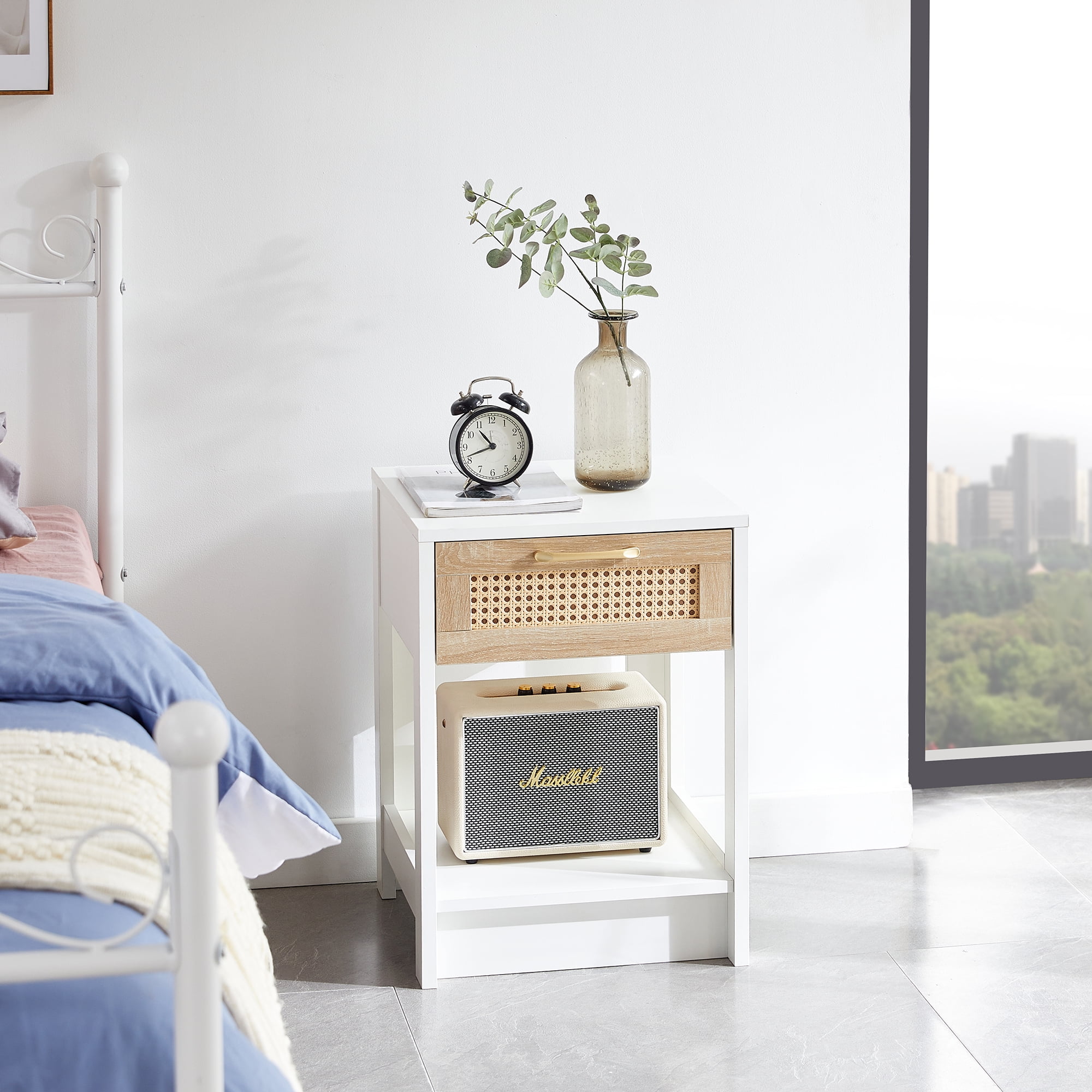 Aukfa Rattan Nightstand with Drawers for Bedroom - White