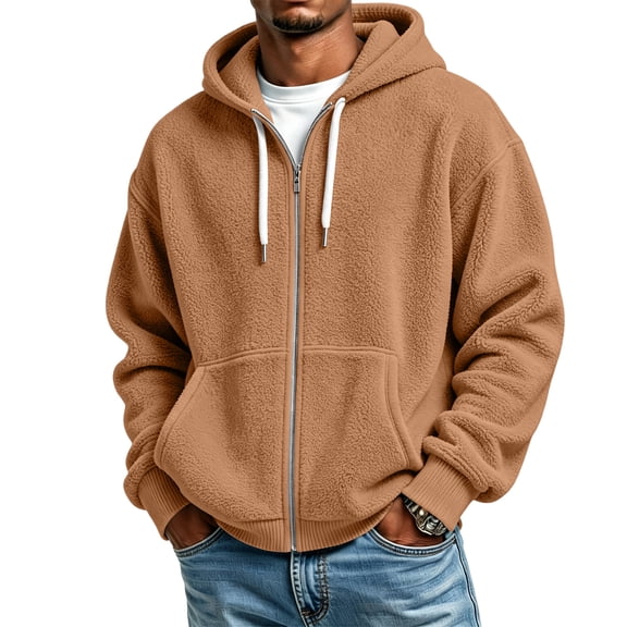 Resicozy Mens Zip Up Hoodies Long Sleeve Solid Color Hooded Sweatshirts Casual Fall Winter Track Jackets Light Brown S