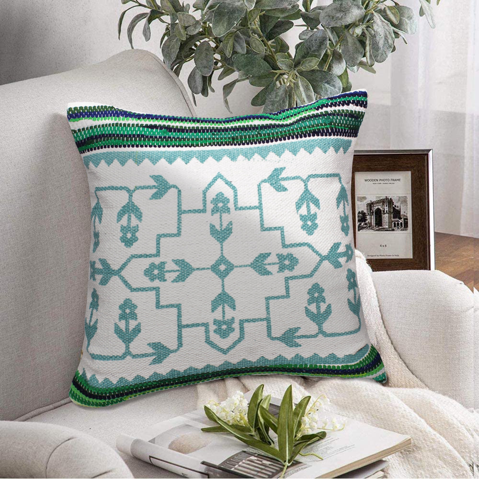 Ox Bay 20" x 20" Bohemian, Modern Green, White, Multi-color Geometric Cotton, Polyester Throw Pillow