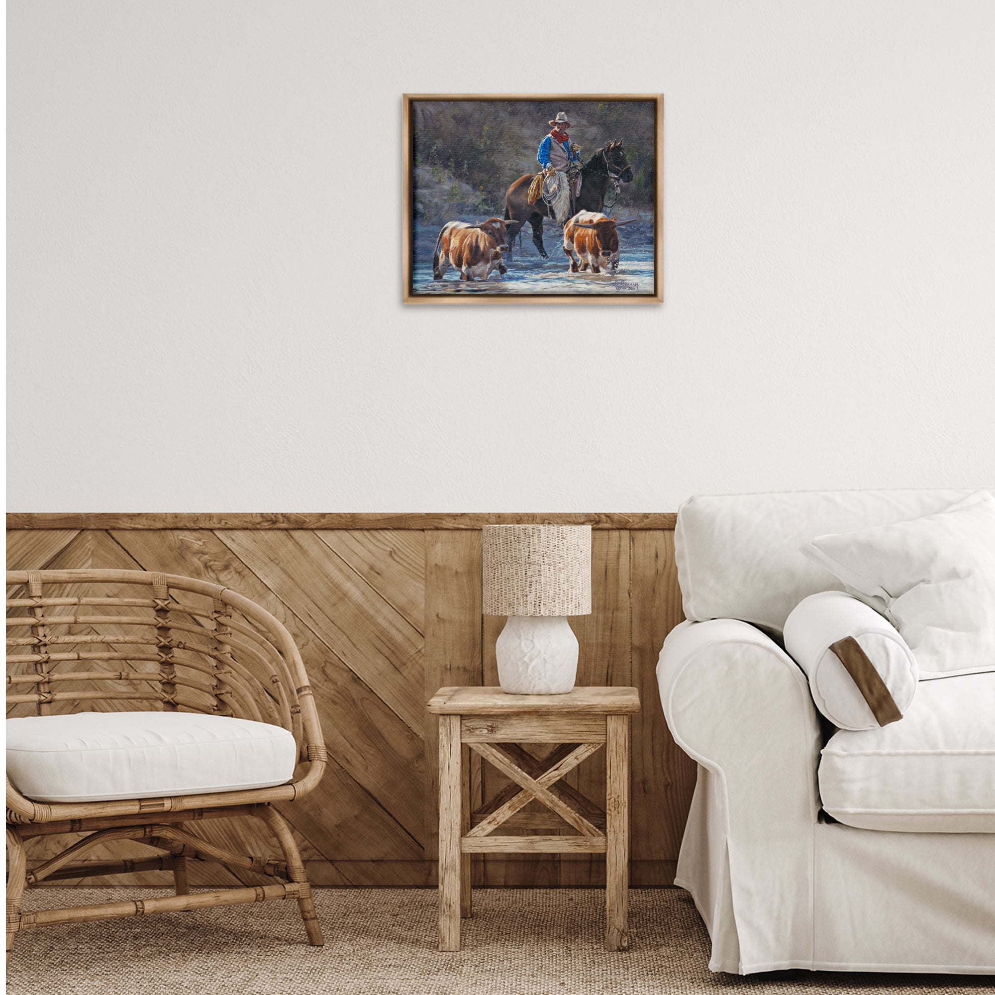 Stupell Industries Cowboy Crossing River Animals & Insects Painting Brown Floater Framed Canvas Art Print Wall Art, 21 x 17