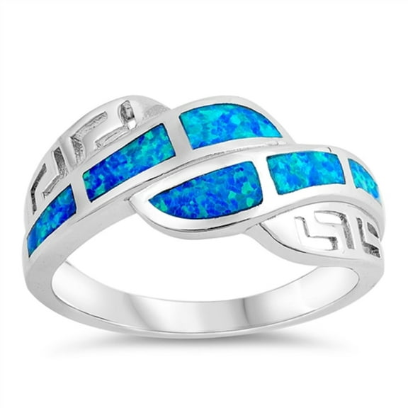 Blue Simulated Opal Roman Pattern Double Design Ring Sterling Silver Size 5