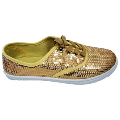 Women's Gold Sequin Lace-Up Tennis Sneakers Kuwait Ubuy