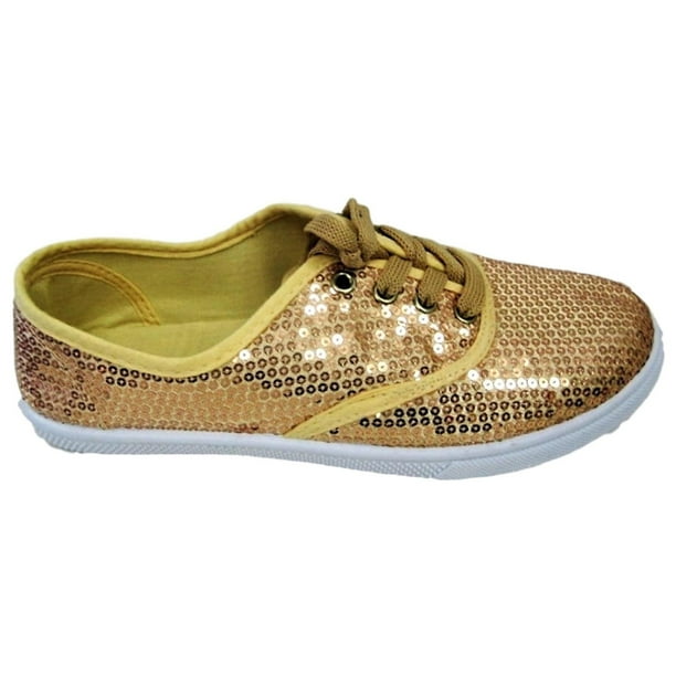 Cammie - W1412 Women Fashion Sequin Sparkle Lace Up Tennis Sneakers Athletic Shoes Flats Gold
