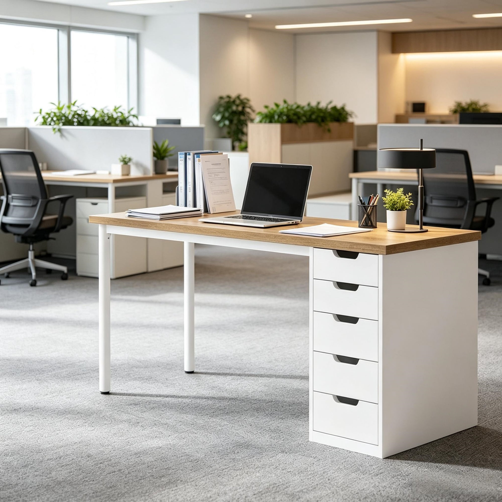 47 Inch Modern Computer Desk with 5 Reversible Drawers, Study Writing Table for Home Office