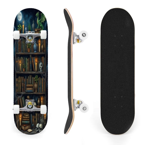 31"x8" Mystical dino Gothic Library Vintage Book Complete Skateboards for Beginners, Double Kick 7 Ply Maple Deck Skateboard with Wheels, Gifts for Kids Teens