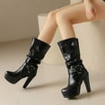 thumbnail image 2 of Slouchy Platform Boots for Women Extra Wide Calf Leather High Heels Dress Boots Fashion Casual Leather Buckles Pull on Winter Fall Tall Boots Black, 2 of 7