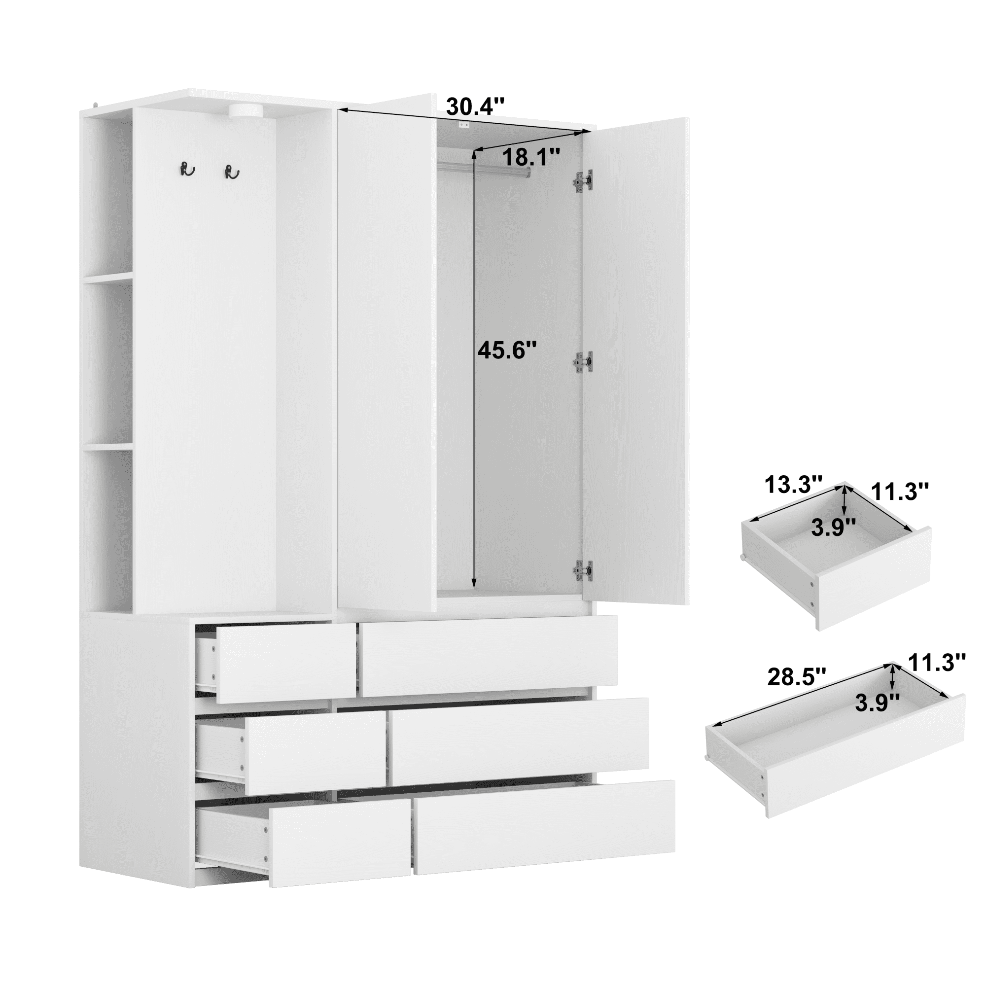 72" Tall Wardrobe Closet,Wooden Wardrobe with 2 Doors & 6 Drawers,Modern Clothing Storage Cabinet with Storage Shelves,Hanging Rail for Bedroom,White