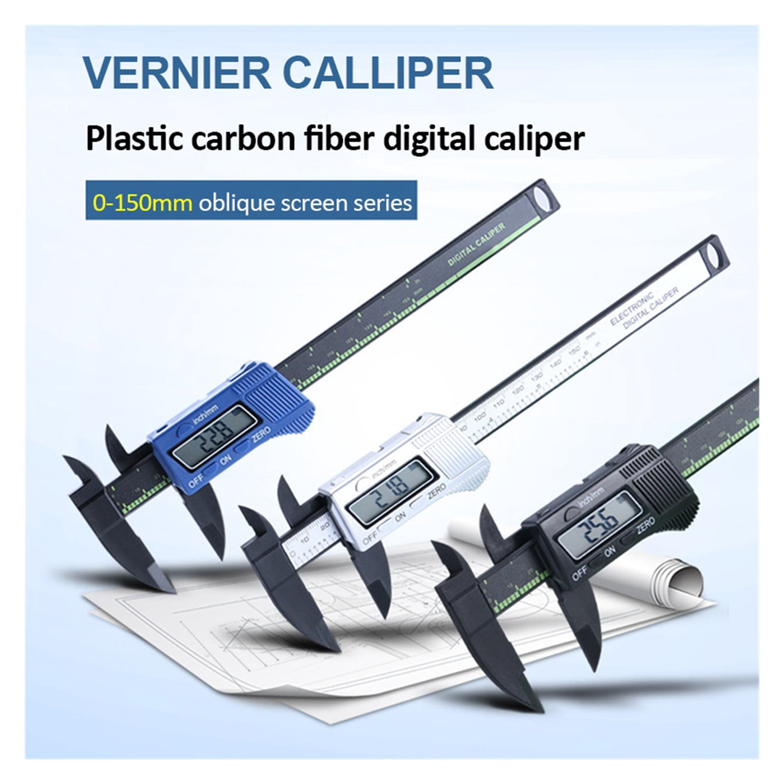 0-150mm Plastic Electronic Digital Caliper Carbon Fiber Dial Vernier Caliper Gauge Micrometer Measuring Tool Digital Ruler ,Complete Kit