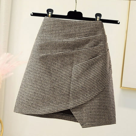 Summer Dress 2024 Woolen Short Skirt Houndstooth Bag Hip Autumn And Winter Waist Thin All Irregular A Line Mini Skirt Khaki