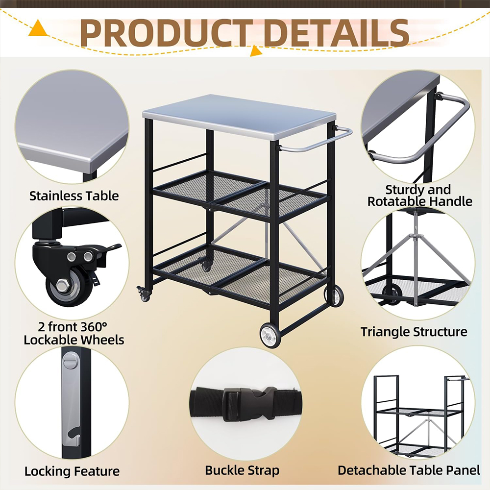 Three-layer foldable stainless steel cart with wheels, portable kitchen island suitable for apartment, studio, and backyard cooking, black