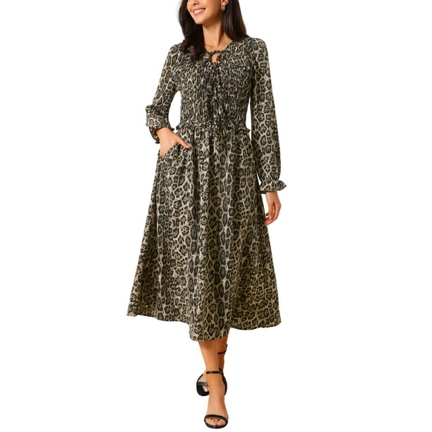 VESTIDO DE MUJER INSPIRE CHIC Estampado de Leopardo Manga Larga Ruffle Cuello en V Smoked Flowy Midi Vestidos de Guepardo con Bolsillos S Marrón