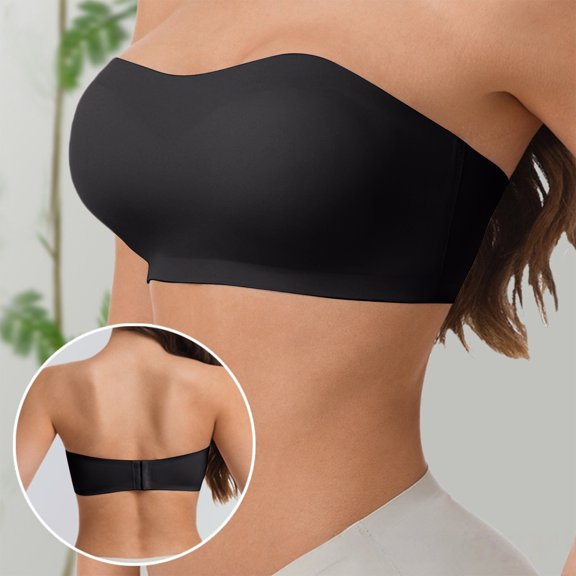 Strapless Bras for Women Non-Slip Seamless Padded Bandeau Bra Wireless Convertible Tube Top Bralette Everyday Tshirt Bra Invisible Bralette Jelly Bras for Women Supportive Push Up Bra Black L