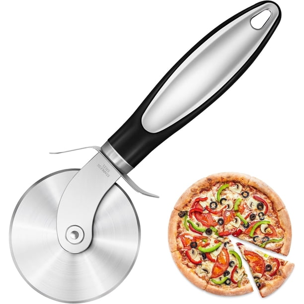 Rueda cortadora de pizza grande para cocina, cortadora de pizza de acero inoxidable, rueda para pizza de hoja afilada con mango antideslizante, apta para lavavajillas, negra