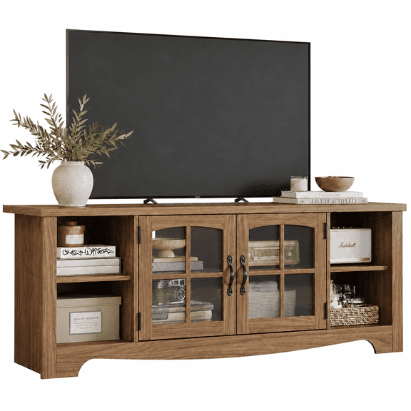 LINSY HOME Modern Farmhouse TV Stand for TVs up to 65",Home Entertainment Center with Storage Cabinet and Adjustable Shelves,Walnut