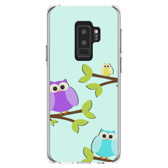 DistinctInk Clear Shockproof Hybrid Case for Samsung Galaxy S9  PLUS (6.2" Screen) - TPU Bumper, Acrylic Back, Tempered Glass Screen Protector - Blue Purple Yellow Owls - Cartoon Owls