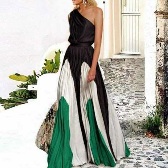 Fshaion Robe d'Été pour Femmes 2024 Grande Taille Col Contraste de Couleur Longue Jupe avec Patchwork Épaules Dénudées Robe Imprimée Liquidation à Moins de 10!