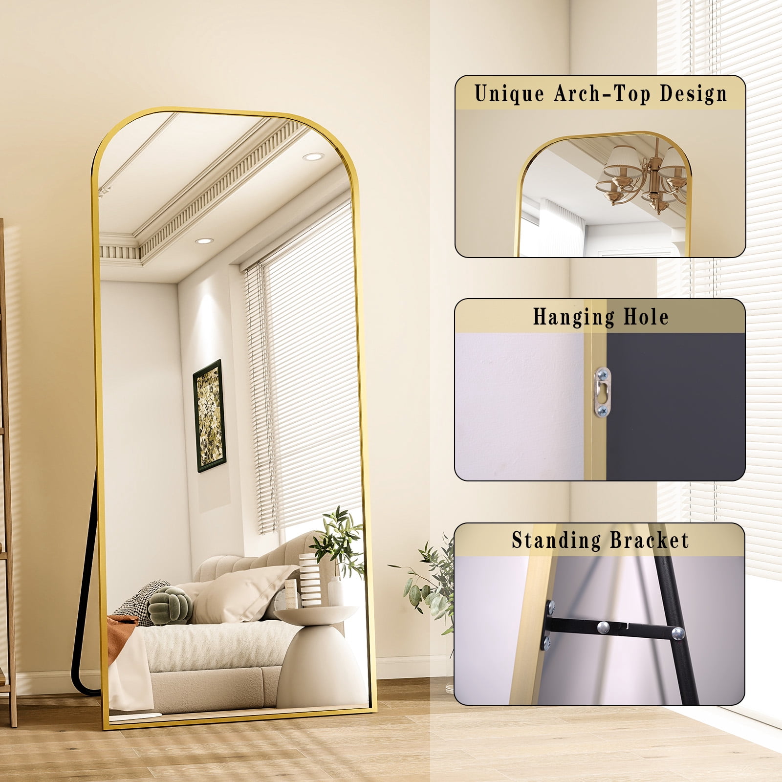 Gleamira 34"x76" Oversized Full Length Mirror Floor Mirror with Rounded Corner, Gold