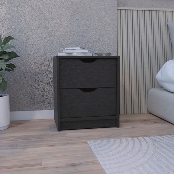 Black Double Drawer Nightstand 19"H – Bedroom Bedside Table