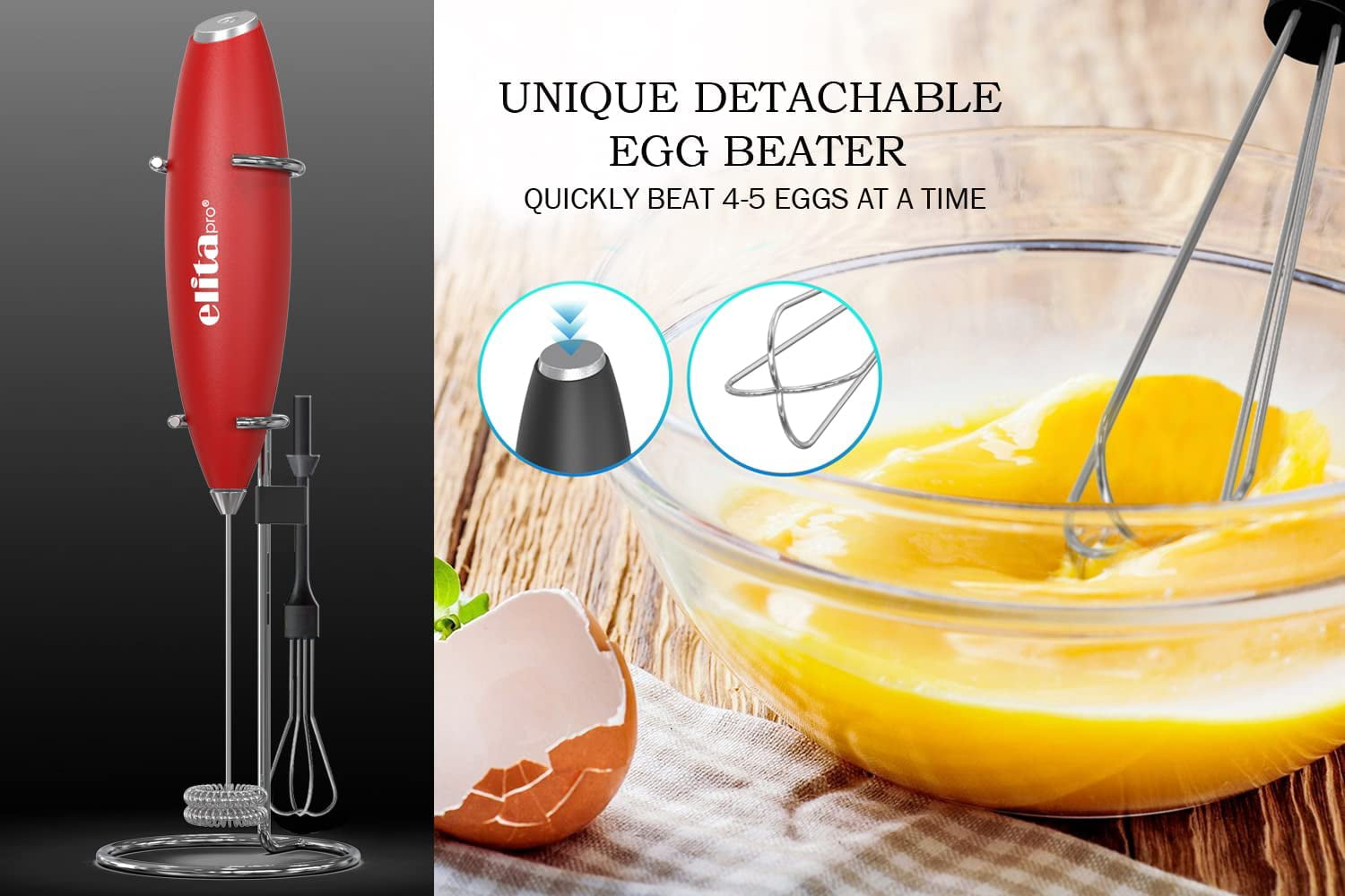 ElitaPro ULTRA-HIGH-SPEED 19,000 RPM, Milk Frother DOUBLE WHISK, Unique  Detachable EGG BEATER and STAND For quick preparation 