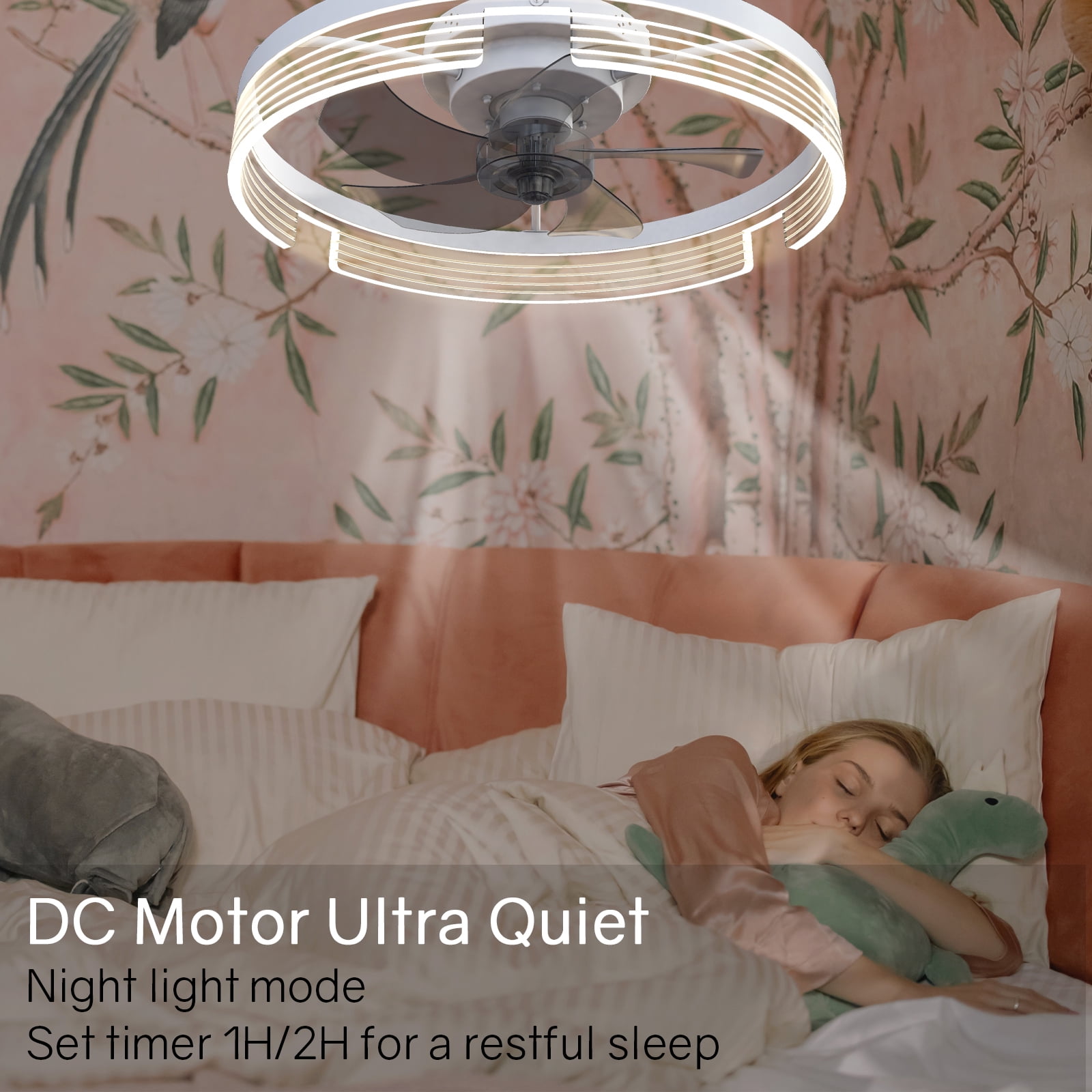 Surnie White Ceiling Fan with Light-Modern Flush Mount Low Profile Ceiling Fans Timing Remote Control, Smart Small Enclosed Reversible Dimmable LED Lighting Fan for Indoor Bedroom Living Room Kitchen