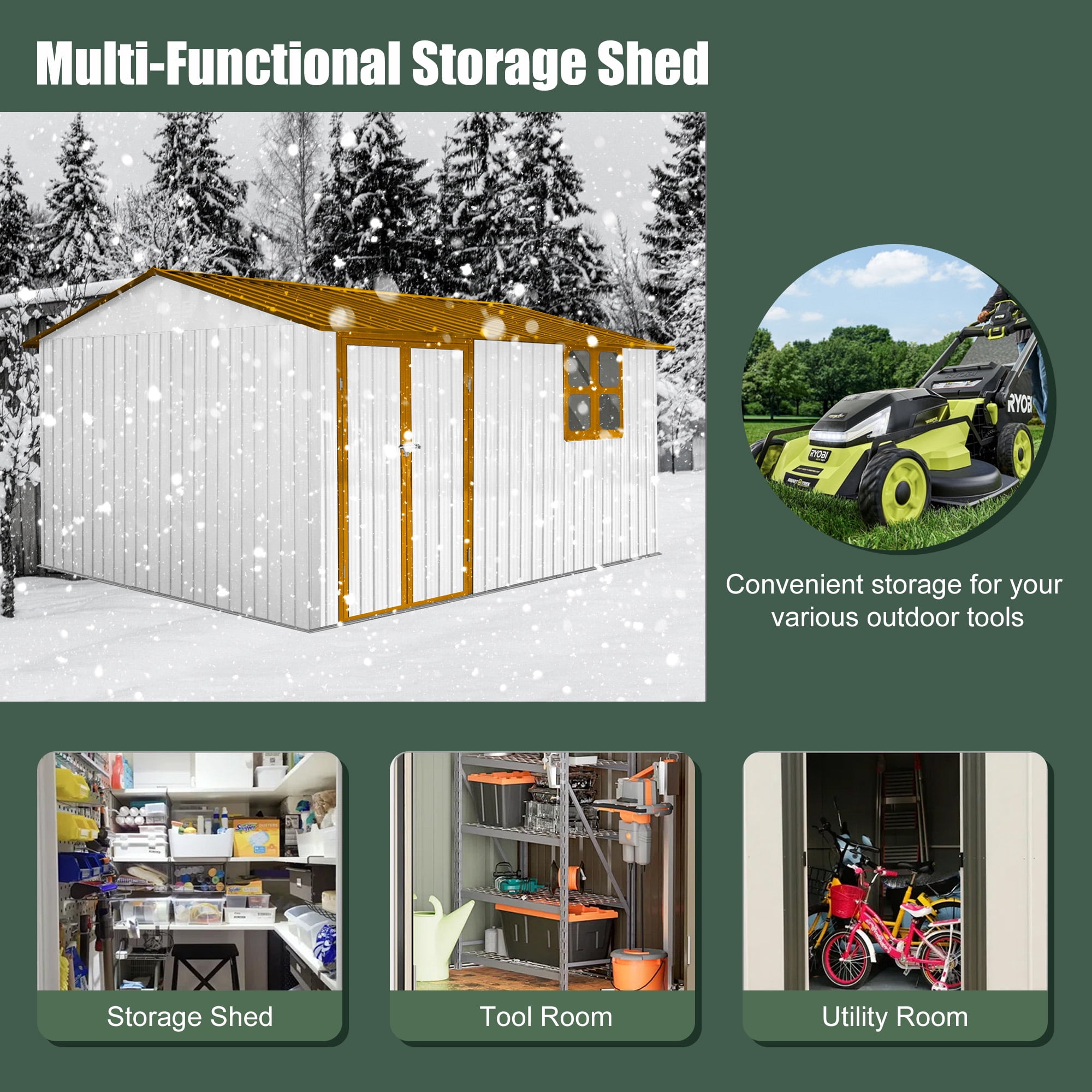 Aukfa 12FT x 10FT Outdoor Storage Shed, Metal Shed Storage with Window, Roof Slope Tool Shed with Door and Padlock for Backyards, Patio Lawns and Outdoor, Yellow