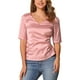 thumbnail image 1 of Blusa de satén INSPIRE CHIC para mujer, con cuello en V, mangas cortas, fruncido y lazo en la parte posterior, tops casuales de oficina XS Rosa, 1 of 5