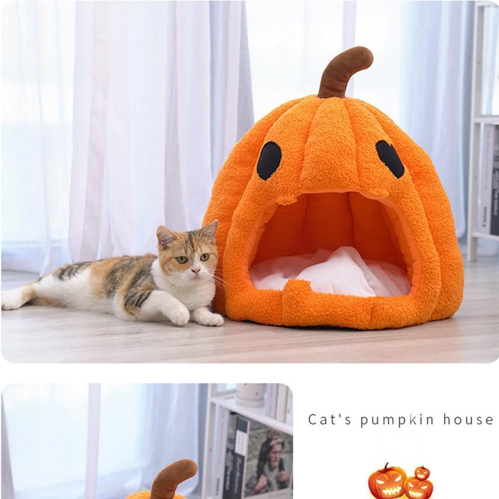 Cute Pumpkin Cat Bed for Indoor Cats Cat House Tent with Removable Washable Cushioned Pillow (20 Inch)