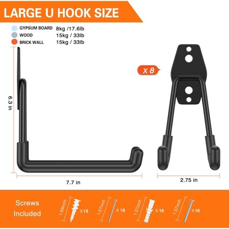UKLL-Heavy Duty Garage Hooks 8 Pack, 7.7 inch U Shaped Long Hanger, Wall Mounted Storage System, Power and Garden Tool Organizer, for Hanging Ladders, Bikes, Hose, Bulk Items and More