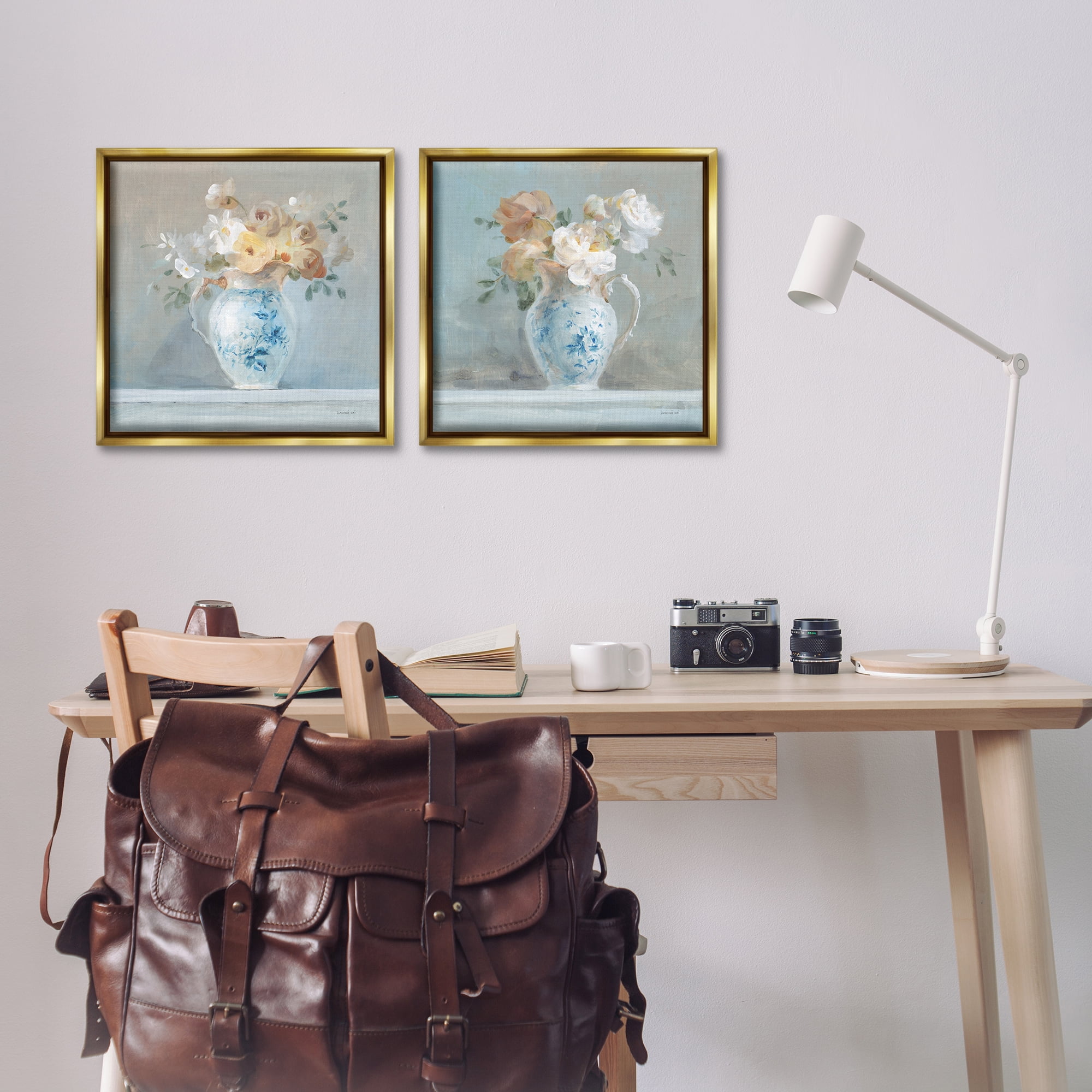 Stupell Industries Heirloom Bouquet Pitcher Plants & Flowers Painting Gold Floater Framed Canvas Art Print Wall Art, 18 x 18, Set of 2
