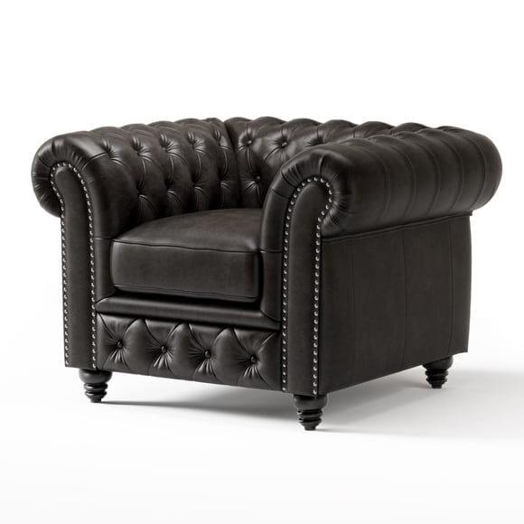 Valencia Parma Full Aniline Leather Chesterfield Single Sofa Accent Chair 45" | Premium Full Aniline Leather, Artisan Crafted Nailheads, Classic Design, Black