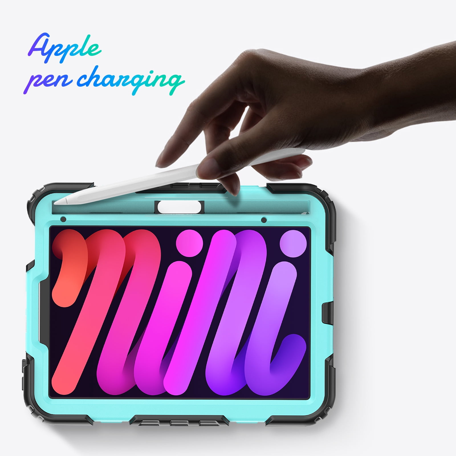 Shockproof Case for Apple iPad mini 6 /7 8.3" with Build In Screen Protector, Rugged Rotating Stand Shoulder Strap Pencil Holder Kids Friendly Bumper Case for Apple iPad mini 6/ Mini 7, Mint+Black