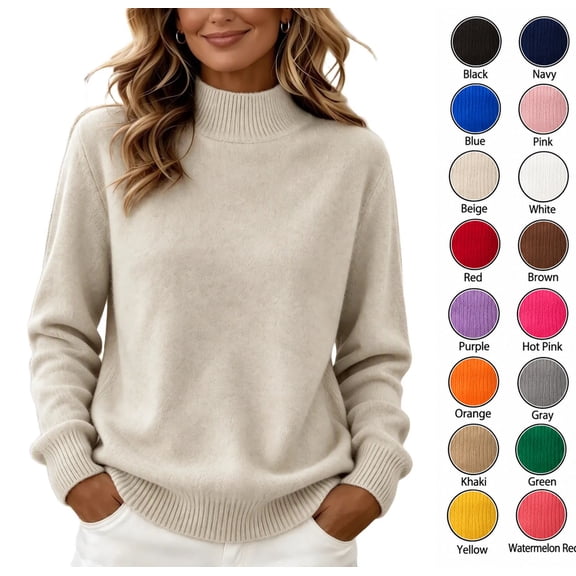 XRoczxe Women's Mock Neck Pullover Sweater, Soft Knit Long Sleeve Top, Casual Loose Fit Solid Color Jumper for Fall Winter Daily Wear Office