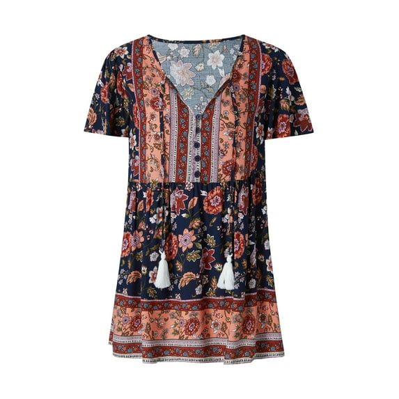 Franhais Women's Summer Floral Print Tops, Bohemian Short Sleeve V Neck Button Front Loose T-Shirts