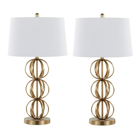 29.5" Gold Plated Table Lamps w/ Off-White Linen Drum Shades (Set of 2)