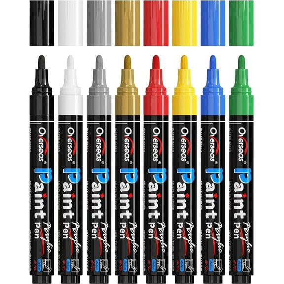 Overseas Paint Marker Pens - 8 Colors Permanent Acrylic Paint Pens, Medium Tip, Water Based, Quick Dry, Waterproof Assorted Colors Marker Set for Metal, Rock, Wood, Plastic, Glass, Mugs, Canvas,