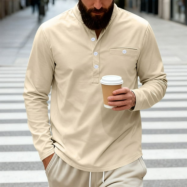 pstuiky manga larga para hombre, Camisa informal de sarga de color liso con cuello alto y bolsillos abotonados para hombre camisetas de hombre l