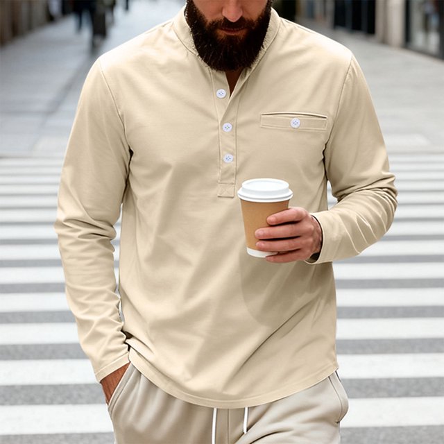 pstuiky camisetas de manga larga para hombre, Camisa informal de sarga de color liso con cuello alto y bolsillos abotonados para hombre tops de invierno para hombre m