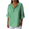 thumbnail image 3 of Craaazy Women Plus Size Tops Loose Fit Plaid V Neck Single Button 3/4 Sleeve Casual Shirts for Daily Wear Gift, 3 of 5