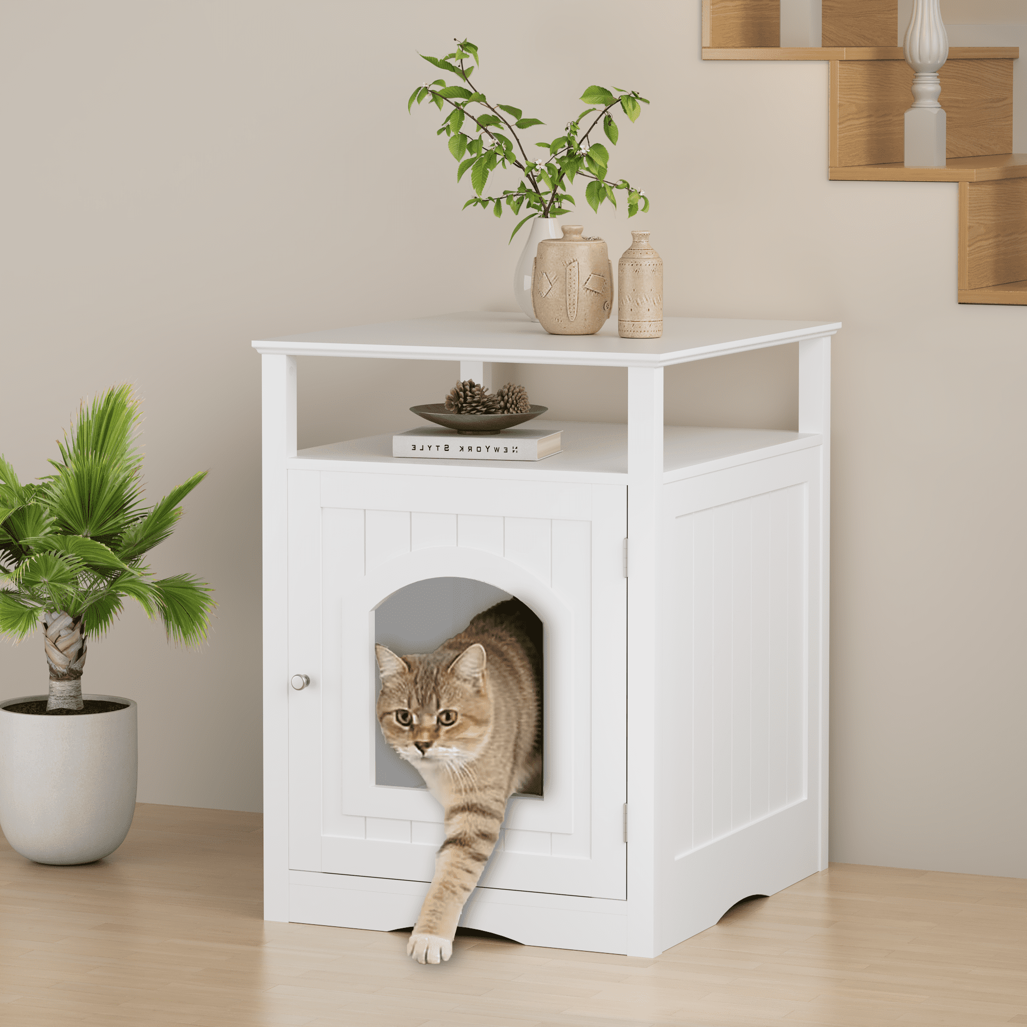 Garmic Modern Cat Condo Side Table with Open Top Shelf & Side Hook, Indoor Wooden Cat House with Enclosed Cabinet,  for Cat Litter Box Enclosure Living Room & Bedroom, White