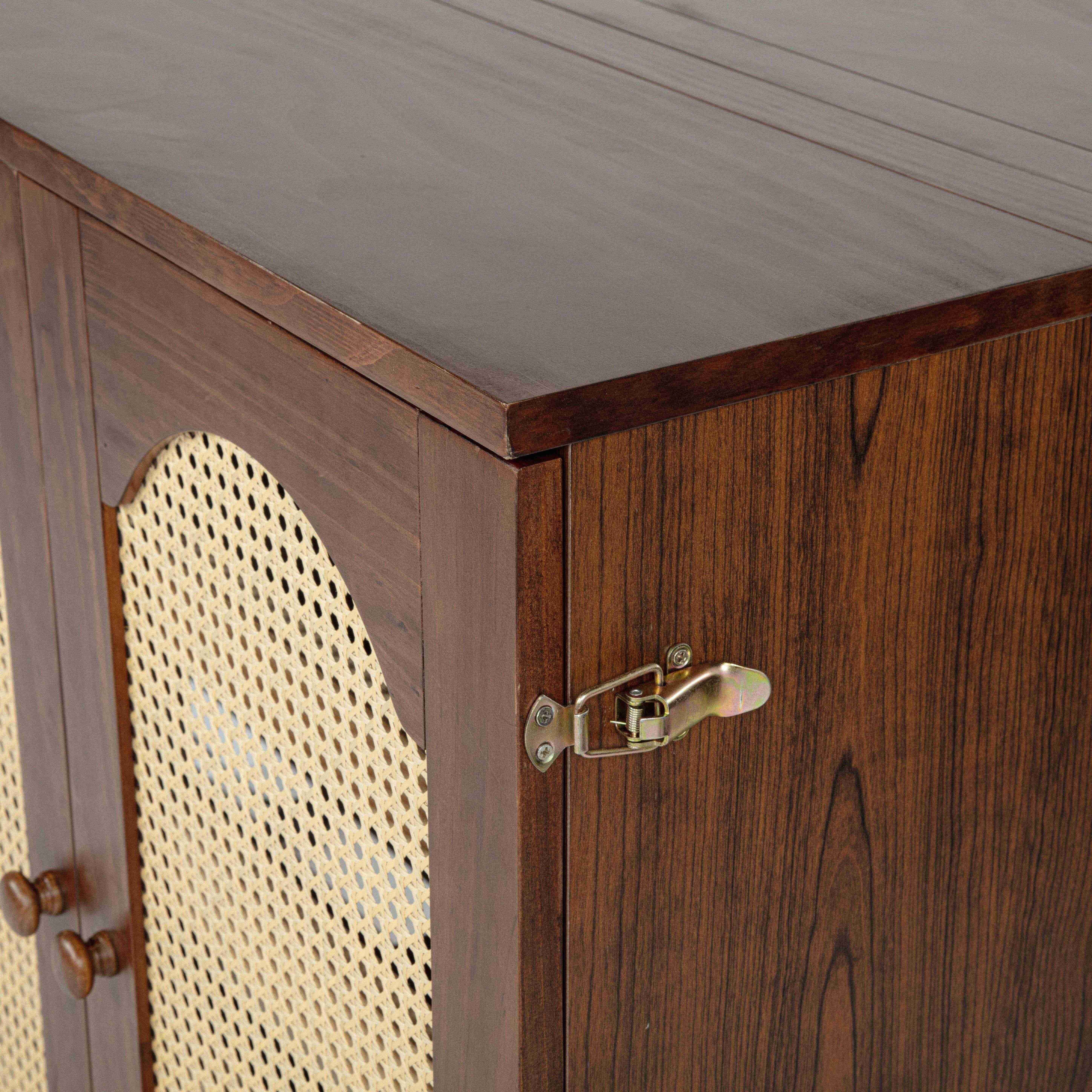 Alvantor Queen Size Murphy Bed with Drawer and Power Stations, Space-Saving Cabinet Bed with Rattan, Walnut
